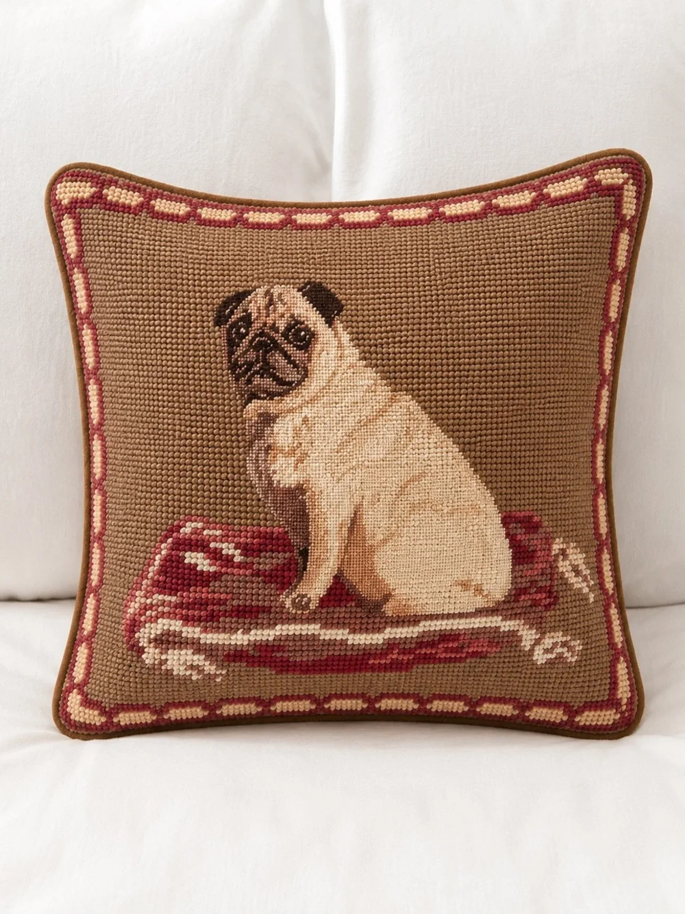 Hand-Embroidered Pug Needlepoint Throw Pillow in Olive and Maroon (10” x 10”).
